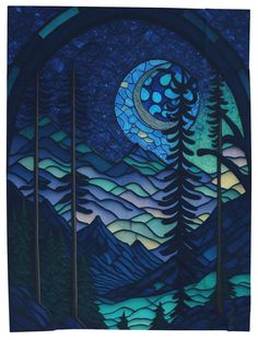 a stained glass window with trees and the moon in the sky above it, surrounded by mountains