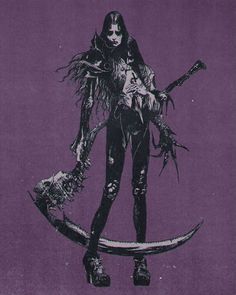 a woman with long hair holding a knife and a skull on her arm while standing in front of a purple background