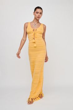 Sunlight Bust Tie Knit Maxi Dress Lemon Honeymoon Outfits, Knit Maxi Dress, Iron Material, Maxi Knit Dress, Lookbook Outfits, Blue Jacket, Beautiful Outfits, Favorite Color, Bodice