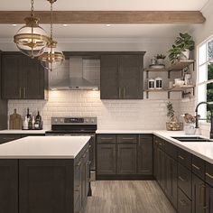 a kitchen with gray cabinets and white counter tops