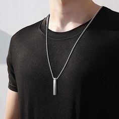 Geoffrey Beene Men's Stainless Steel Polished Vertical Bar Necklace  This contemporary, stainless steel necklace features a polished, vertical pendant strung on a sturdy box chain necklace.         Necklace approx. 24"L x 1/16"W; drop approx. 1-1/2"L x 1/4"W     Made of stainless steel; choice of finish     Box Chain with lobster clasp Stainless Steel Necklace With Rectangular Pendant And Box Chain, Minimalist Stainless Steel Necklace For Father's Day, Minimalist Rectangular Pendant Necklace For Father's Day, Minimalist Box Chain Necklace For Father's Day, Father's Day Minimalist Rectangular Pendant Necklace, Levi Birthday, Vertical Bar Necklace, Vertical Bar, Box Chain Necklace