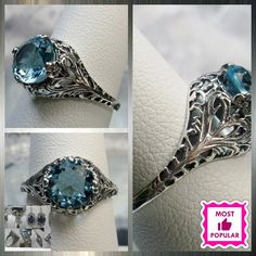 2ct Round Cut Aquamarine Gemstone Sterling Silver Art Nouveau Floral Leaf Filigree Ring (Made To Order) Design #198 #floral #boho #victorian #ArtNouveau #Edwardian #ring #vintage #filigree #AntiqueDesign #bohemian Silver Sapphire Filigree Jewelry, Silver Sapphire Jewelry With Filigree, Victorian Sterling Silver Filigree Ring With Accent Stones, Victorian Filigree Ring With Accent Stones In Sterling Silver, Silver Filigree Sapphire Ring, Silver Sapphire Filigree Ring, Silver Filigree Sapphire Ring For Anniversary, Fine Jewelry With Filigree Round Cut, Silver Sapphire Filigree Ring For Anniversary