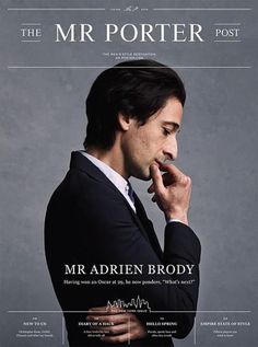 a man in a suit and tie on the cover of mr porter post with his finger to his mouth