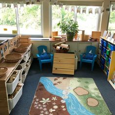 a child's playroom with toys and books on the shelves, including two children's chairs