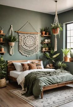 a bedroom with green walls and plants on the shelves above the bed, along with a macrame wall hanging