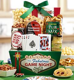 a welcome to fabulous game night gift basket with chips, crackers, cookies and snacks