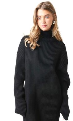 Sweater dress Black Fitted Turtleneck Outerwear, Fitted Black Turtleneck Outerwear, Chic Black Funnel Neck Sweater, Chic Black Turtleneck Outerwear, Black Sweater Dress For Winter Workwear, Black High Neck Fall Outerwear, Black Sweater Dress For Work In Winter, Fitted Black Sweater With Funnel Neck, Black Sweater Dress For Fall