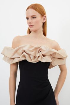 Structured Crepe Taffeta Ruffle Bardot Maxi Dress Channel Runway, Latest Maxi Dresses, Off The Shoulder Maxi Dress, Maxi Dress Collection, Ruffle Design, Karen Millen, High Leg, Fashion Face, Dress Collection