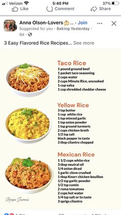 the menu for mexican rice is shown on an iphone screen, with three different types of rice