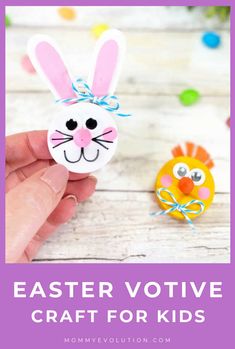 a hand holding an easter bunny craft for kids with the text overlay that reads, easter