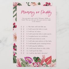 a pink baby shower game with flowers on it