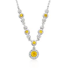 Ross-Simons - 1.10ct t. w. Yellow Sapphire, .30ct t. w. Diamond Necklace. 18.5". Perfect for November-born beauties, this diamond and citrine necklace will become a signature part of your special-event attire. Bright with 1.10 ct. t. w. round yellow sapphires and sparkling with .30 ct. t. w. round brilliant-cut diamonds. Finely crafted in polished 14kt white gold with milgrain details. Cable chain. Lobster clasp, diamond and citrine necklace. Yellow Birthstone Jewelry In Cubic Zirconia, Yellow Cubic Zirconia Birthstone Jewelry, Yellow Round Necklaces With Diamond Accents, Yellow Jewelry With Diamond Accents, Yellow Diamond Necklace For Anniversary, Yellow Diamond Necklace With Brilliant Cut, Diamond Necklace With Center Stone In Yellow Gold, Yellow Gold Diamond Necklace With Center Stone, Yellow Necklace With Diamond Accents And Cubic Zirconia