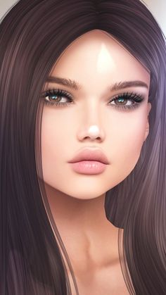 an animated image of a woman with long brown hair and blue eyes, looking straight ahead