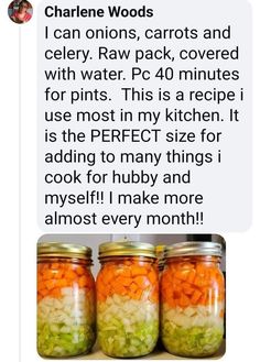 two jars filled with food sitting on top of a counter next to each other and the caption reads, charlie woods i can onions, carrots and celery raw