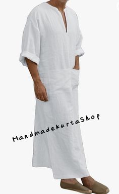 HANDMADEKURTASHOP  Description Man kurta for Man Give yourself a best ethnic look by wearing this Top and bottom Set. Made of rich cotton blend fabric this regular-fit set comprises a full-sleeved Indian Mens kaftan This outfit with mojris will look apart on special occasions. material 100%Cotton  Color : white color Kaftan Length : 50 inches Man Kaftan Shirt Chest is measurement for shirt (not body) As per standard, for best loose fitting 6 inches gap should be there between actual chest size and shirt chest size Size chart is below Men's Sizes Actual Body Chest - Ready Shirt Chest i Add 6" Inches Lose Fitting Fabric Armhole To Armhole. XS - 30" Inches 36" Inches S - 34" Inches 40" Inches M - 36" Inche 42" Inches L - 40" Inches 46" Inches XL - 44" Inches 50" Inches 2XL - 48" Inches 54" In Casual White Long Sleeve Kaftan, Casual White Short Sleeve Kaftan, Casual Cotton Kaftan, Summer Linen Kurta With Relaxed Fit, Casual Linen Kurta For Summer, Casual Long Kurta For Spring, White Casual Kurta With Relaxed Fit, Casual White Kurta With Relaxed Fit, Casual Long Sleeve Linen Kaftan