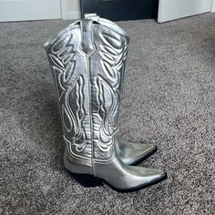 Tall Chrome/Metallic Boots. Never Worn. Size 38 Which Is 7.5. I’m A Size 8 With Narrow Foot And They Fit. Heel Is 3” Silver Pointed Toe Boots For Spring, Silver Casual Boots With Pointed Toe, Trendy Zara Boots With Almond Toe, Silver Closed Toe Boots For Spring, Silver Spring Boots, Silver Cowboy Boots, Square Toed Boots, Metallic Boots, Half Boots