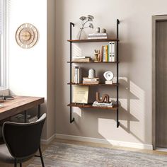 a room with a desk, chair and bookshelf on the wall next to a window