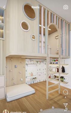 the room is decorated in pastel colors and features round mirrors on the wall, shelves, and ladders