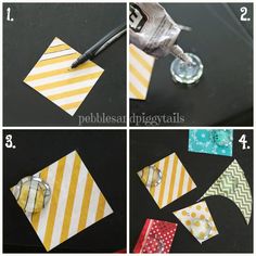 four pictures showing how to make an origami kite with strips of paper and glue