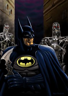 the animated batman is standing in front of robots