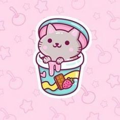 a cat sitting in a cup with strawberries and ice cream on the rim, surrounded by stars