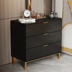 Mercer41 Rufford 3 - Drawer Dresser & Reviews | Wayfair Black And Gold Nightstand, Gold Nightstand, Metal Canopy Bed, Tufted Upholstered Bed, 3 Drawer Nightstand, 3 Drawer Dresser, Wooden Nightstand, Wingback Headboard, 2 Drawer Nightstand