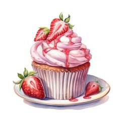 a painting of a cupcake with strawberries on the plate next to it,