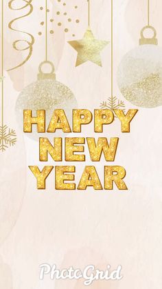 a happy new year greeting card with gold ornaments and snowflakes hanging from strings