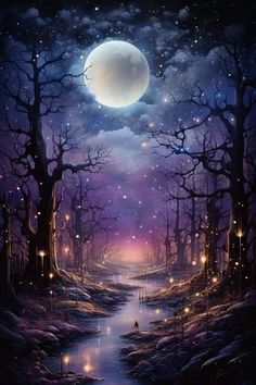 a painting of a night scene with trees and the moon in the sky above it