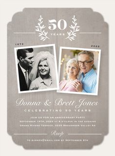 a 50th anniversary card with two photos and the words 50 years on it's front