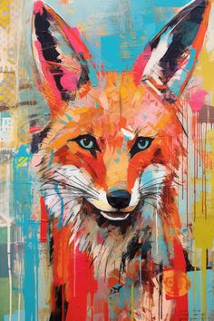 a painting of a fox with blue eyes