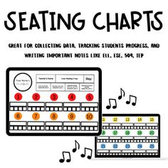 a poster with music notes on it and the words seating chart in front of it