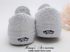 "Beautiful and Romantic wedding  sneakers is a perfect accessory for your Special day.. These White Slip On Authentic Vans , are covered with White Lace .  Handmade to order, so please allow me enough time before your wedding date. Orders are processed and shipped within 6-7 WEEKS of payment., large orders, may take longer ..Please allow 2-5 days additional and Domestic Shipping will take 2-5 Business days.  RUSH ORDERS ARE AVAILABLE **Please read all \"shop policies\" before placing your order* Bridal Vans, Vans Wedding, Lace Vans, Sneakers For Bride, Wedding Tennis Shoes, Wedding Sneakers For Bride, Sneakers Wedding, Ribbon Shoe Laces, Wedding Vans