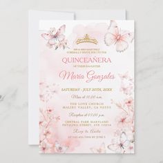 a pink and white wedding card with butterflies on it, featuring the words quinceanera