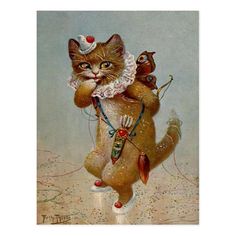 a painting of a cat wearing a crown and holding a fish in it's mouth