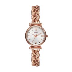 Fossil Carlie Rose Gold-Tone Stainless Steel Women's Watch ES5330 Step into a world of understated elegance and timeless style with the Fossil Carlie Rose Gold-Tone Stainless Steel Women's Watch ES5330. This versatile piece is a perfect blend of casual chic and sophisticated elegance, making it the ideal accessory for every occasion. The Carlie collection draws its inspiration from the vintage charm and classic elegance of the '90s. The carefully redesigned T-bar and stunning new bracelet design showcase the best of modern watchmaking with a nostalgic twist. Key features of this timeless piece include: Remarkable Craftsmanship: The watch features a round 28MM rose gold-tone stainless steel case that stands out for its durability and elegance. Sleek Dial: The silver sunray dial creates an e Rose Gold Analog Watch For Formal Occasions, Timeless Rose Gold Quartz Watch, Timeless Watch With Bracelet Strap, Timeless Rose Gold Analog Watch, Timeless Rose Gold Watches With Bracelet Strap, Timeless Rose Gold Jewelry And Watches With Round Dial, Timeless Rose Gold Jewelry With Round Dial, Timeless Rose Gold Watch Accessories With Metal Dial, Timeless Rose Gold Watch Accessories With Round Dial