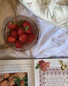 a bowl of strawberries on top of a bed next to an open book with pictures in it