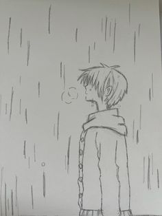 a drawing of a boy standing in the rain