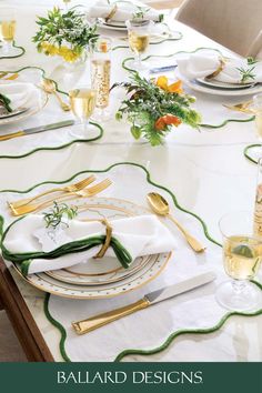 Photo of tablescape Scalloped Table, Green Pearls, Ballard Designs, Linen Placemats, Custom Monogram, Dinner Napkins, Trending Decor