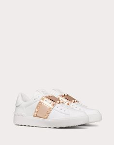 Rockstud Untitled Sneaker In Calfskin Leather With Metallic Stripe for Woman Luxury Leather Sneakers With Metallic Logo, Luxury White Studded Sneakers, Luxury White Sneakers With Spikes, Luxury White Spiked Sneakers, Woman In White, Number 11, That One Friend, Italian Fashion Designers, Golden Goose Sneaker