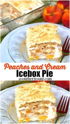 peaches and cream icebox pie is an easy dessert that's ready to be eaten