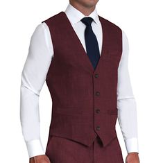 Our heathered maroon stretch suit vest is crafted from a performance fabric blend that is extremely stretchy while still providing an incredibly professional appearance. This vest is lined with our dress shirt fabric making it lightweight, breathable, and moisture-wicking. It also features our signature athletic fit that rewards those with an athletic physique. Vest design details: Single-breasted 4-button closure Rear adjustment clinch Jetted pockets Brown buttons and buttonhole stitching "The Fitted Sleeveless Suit With Vest, Fitted Business Vest In Suiting Fabric, Fitted Business Casual Suits With Vest, Fitted Suits With Vest For Business Casual, Fitted Sleeveless Suits In Suiting Fabric, Fitted Sleeveless Suit In Suiting Fabric, Sleeveless Fitted Suit In Suiting Fabric, Semi-formal Sleeveless Fitted Suit, Burgundy Wedding Vest