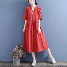 Summer Retro Loose Casual Solid Cotton Linen Dress May 2022 New Arrival One Size Red Casual Red V-neck Midi Dress, Casual Red Cotton Midi Dress, Red Short Sleeve Midi Dress For Spring, Red Non-stretch Casual Dress, Casual Red Non-stretch Dress, Red Midi Dress For Daywear In Spring, Casual Red Cotton Dress, Red Solid Color Dress For Spring, Red Solid Color Spring Dress