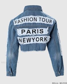 Bella Milton - Distressed Denim Crop Coat with Letter Patch and Raw Hem Crop Pattern, Crop Coat, Short Coats Women, Mini Denim Shorts, Cropped Coat, Letter Decoration, Cropped Denim Jacket, Ripped Denim, Denim Jacket Women