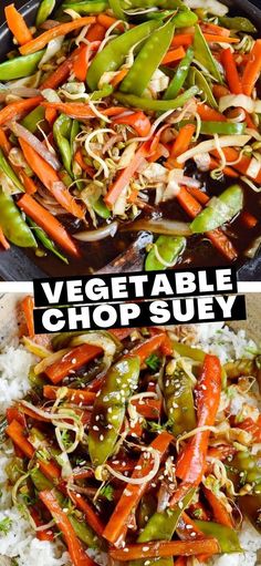 vegetables are being cooked in a wok on top of white rice and then topped with sauce