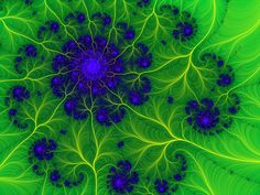 an abstract green and blue design with lots of leaves in the center, as seen from above