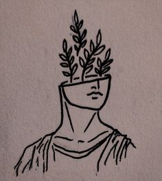 a black and white drawing of a man with plants in his head