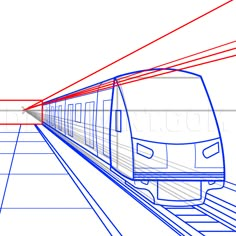 a drawing of a train traveling down the tracks with red and blue lines going through it