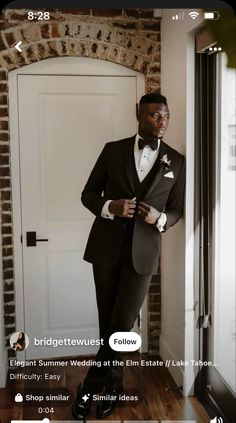 a man in a tuxedo standing next to a door with an instagram message