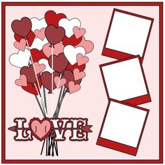 valentine's day card with heart shaped balloons and two frames on the front side